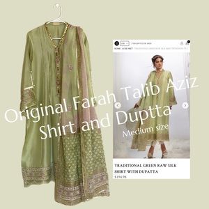 Original Farah Talib Aziz green raw silk shirt with duptta, Indian/Pakistani